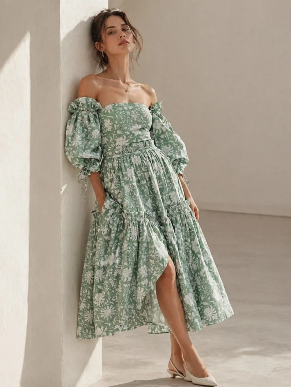 EDDY Olivia Midi Dress Green Ivory Floral Puff Sleeve Bow Back NWT Size S - Picture 2 of 15